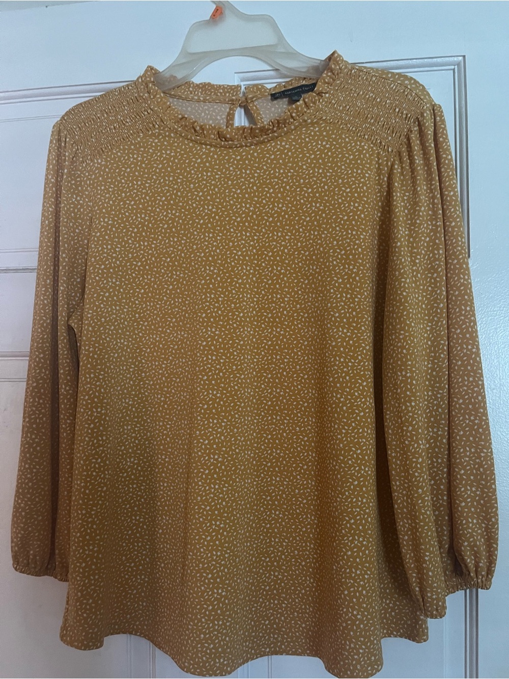 Adrianna Papell Mustard Smocked-Yoke Long Sleeve Blouse